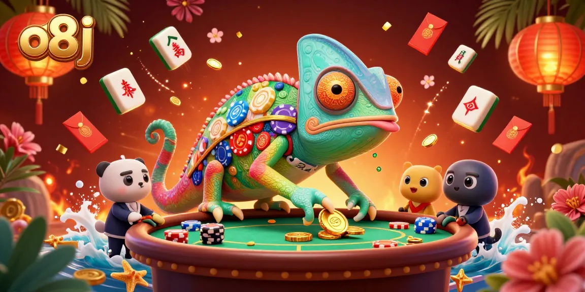 Engage with the vibrant o8j casino scene featuring a chameleon owner that attracts golden coins and dynamic gaming elements.