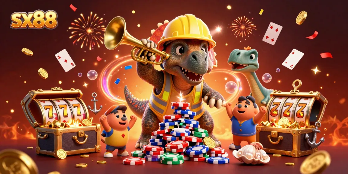 SX88's exciting online casino atmosphere showcases fun characters building poker chip towers and celebrating with vibrant visuals.
