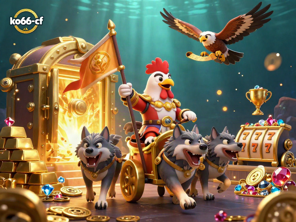 Experience thrilling gameplay with the ko66-cf rooster warlord in a vibrant casino setting full of treasures.