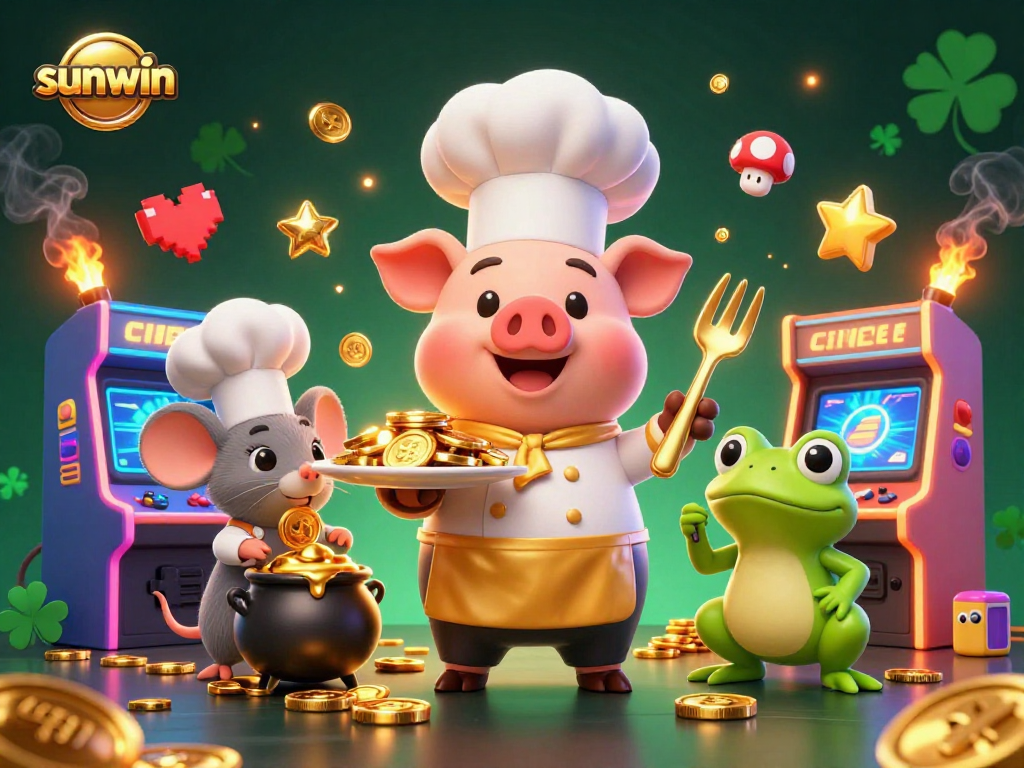 Win big with sunwin, a vibrant scene featuring a chef pig, sous-chef mouse and critic frog in a lively casino.