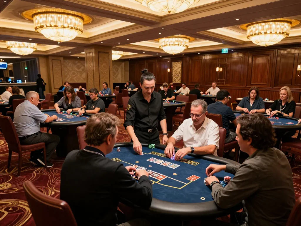 Players engaging in strategic card gameplay at hbet chính thức casino, illuminated by elegant chandeliers
