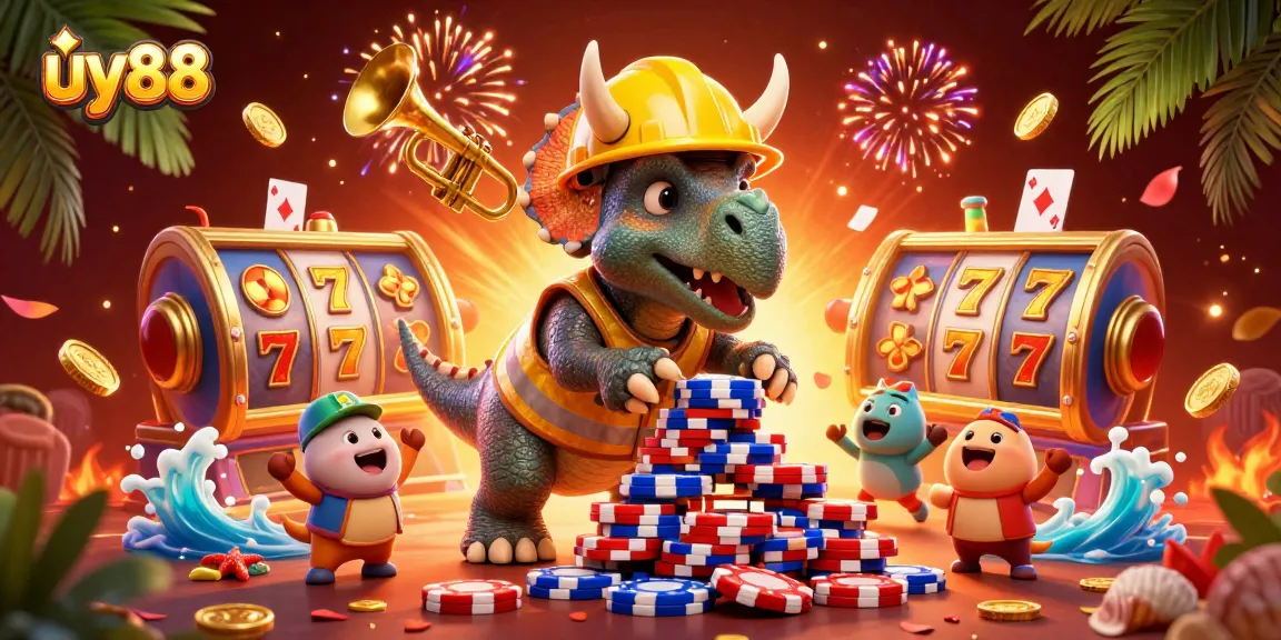 Experience the excitement of uy88 as a triceratops builds a jackpot of poker chips amidst cheering companions.