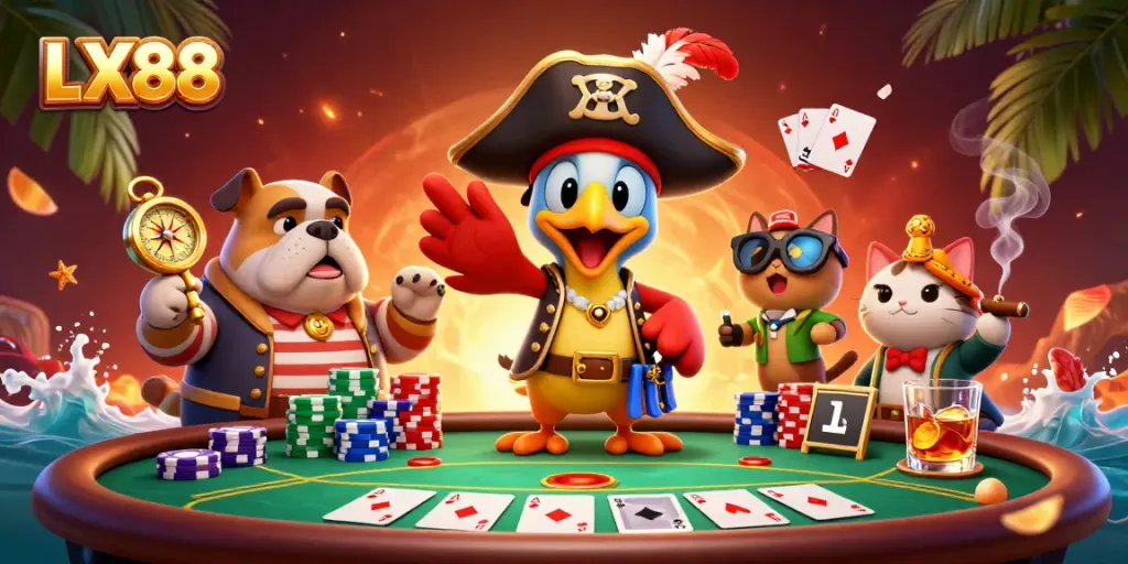 Engage with LX88's thrilling poker scene swarmed by vibrant chips and characters.