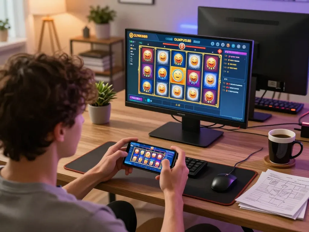 Playing OLYMPUS88 slot game on smartphone in cozy living room with strategy notes nearby