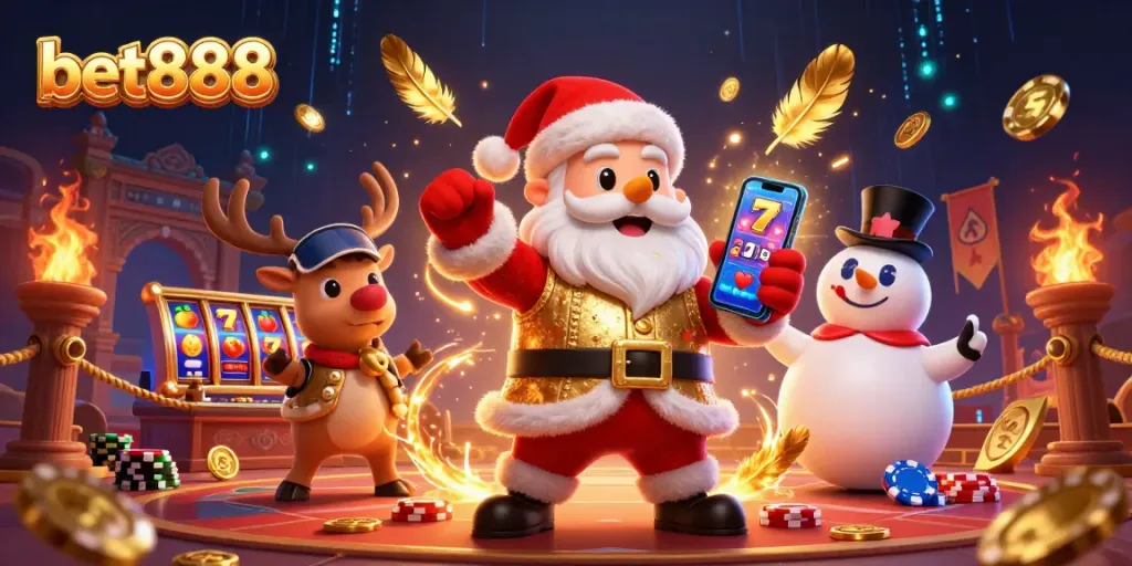 Experience thrilling fun with bet888 slots and festive casino action featuring Santa and friends.