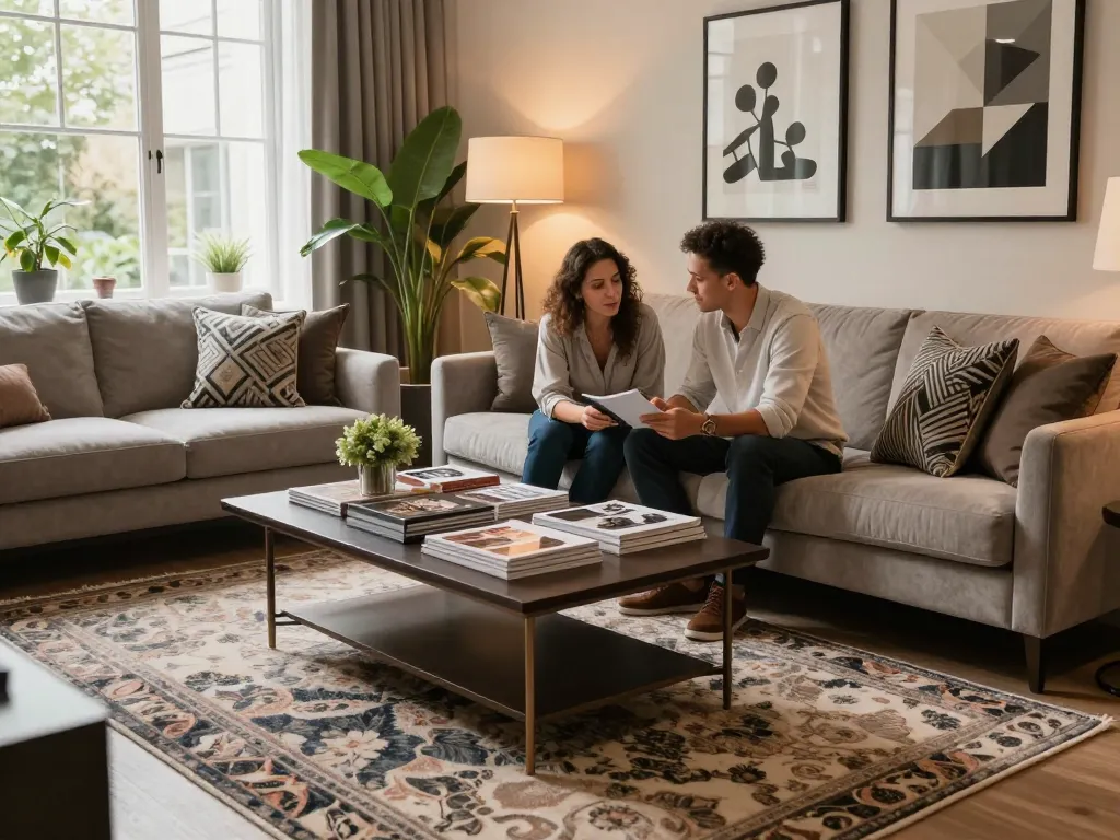 Luxury carpets London enhancing a sophisticated living room with warm lighting and stylish decor.