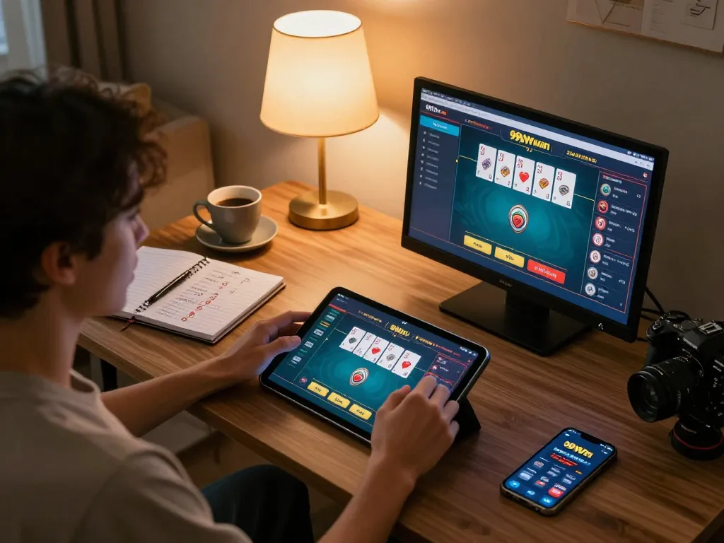 Engaged player enjoying poker gameplay on 99Win tablet in cozy home setup