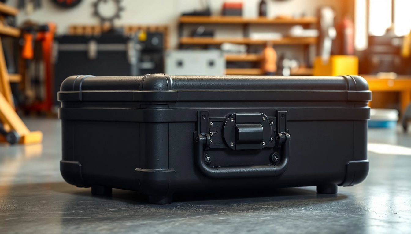 Hard case showcasing durable design in a modern workspace with tools around.