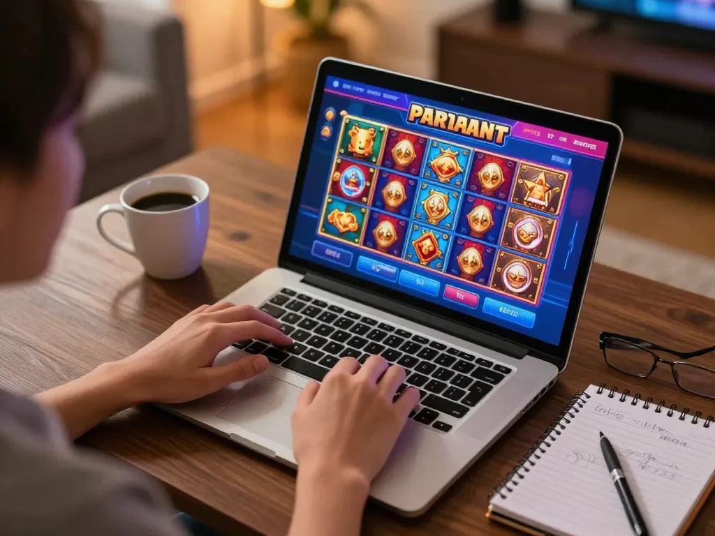 Engaged player at 23win trying different online casino games on a laptop, strategic notes nearby for better gameplay.