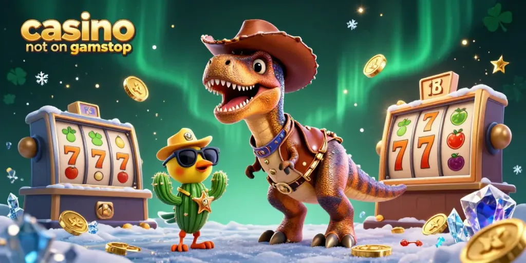 Engaging scene of a casino not on gamstop featuring characters of a T-Rex cowboy, cactus, and roadrunner with vibrant gaming symbols and elements.