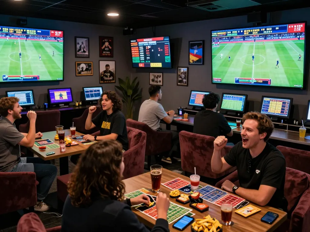 Friends enjoying a vibrant rikbet sports betting lounge atmosphere with live matches showing excitement