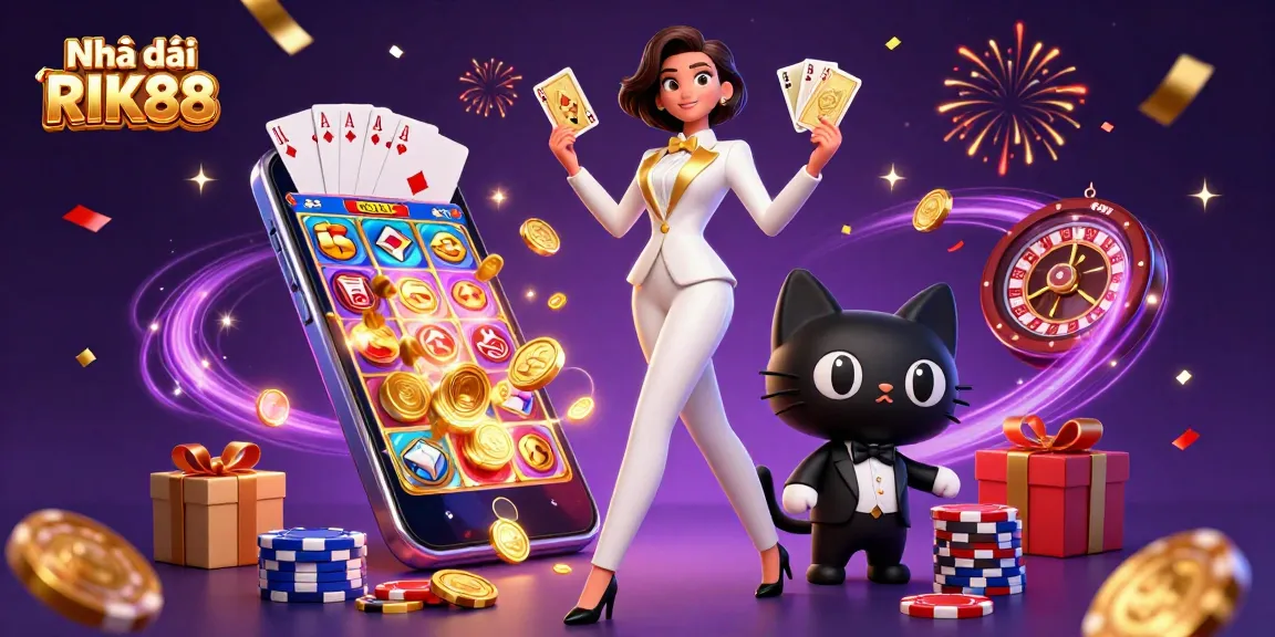 Engage with Nhà cái RIK88 in thrilling casino action featuring vibrant gaming elements and dynamic characters.