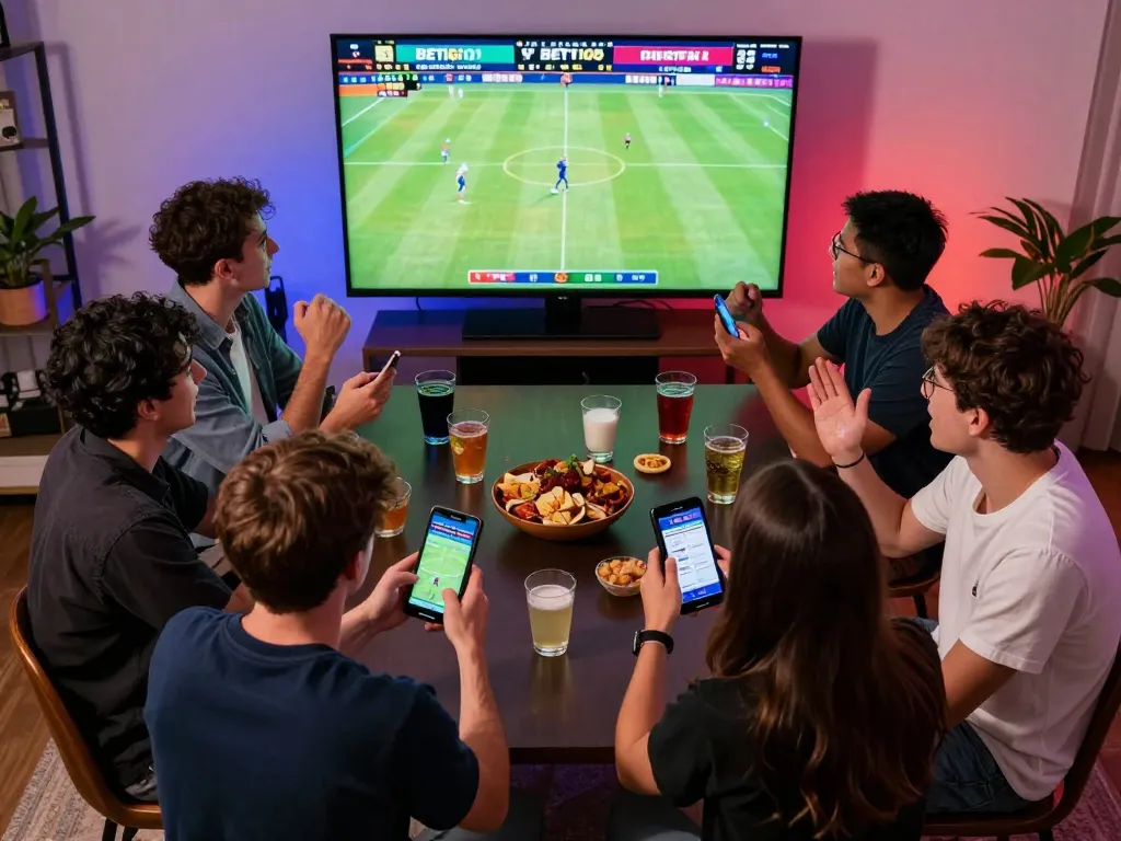 Friends enjoying sports betting on the BET168 app during a live match, cheering with excitement.