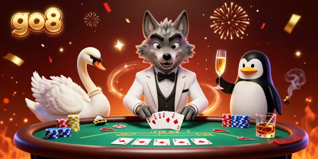 Engaging go8 scene with a debonair wolf, elegant swan, and penguin sommelier at a vibrant baccarat table.