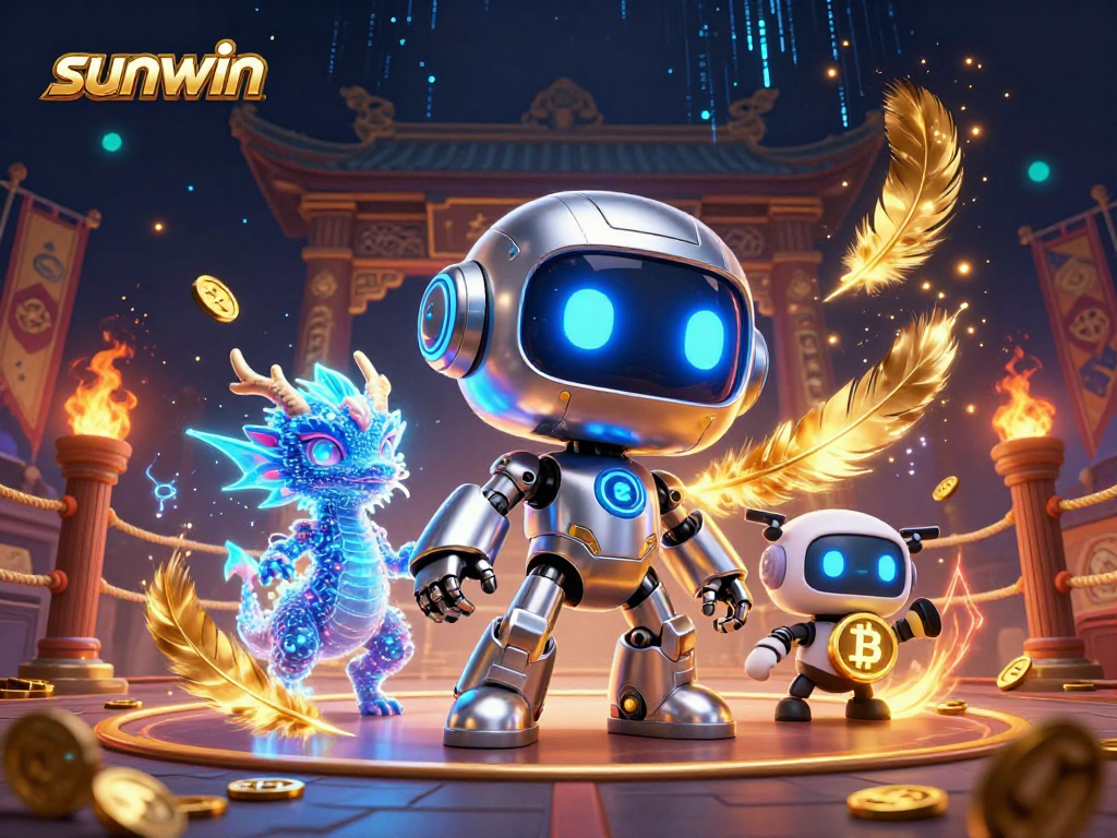 Win big with sunwin in a vibrant casino scene featuring a futuristic robot and a holographic dragon.