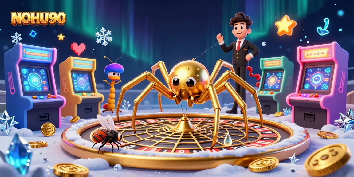 Place your bets with NOHU90 in a vibrant 3D casino scene full of arcade games and excitement.