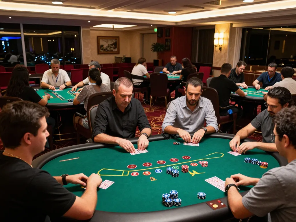 Players enjoying a poker game at nhà cái HM88 amid luxurious casino ambiance