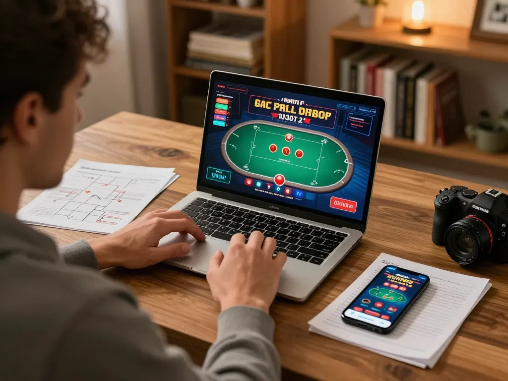 Player engaging in online poker at home with Go88 casino app and strategy notes.