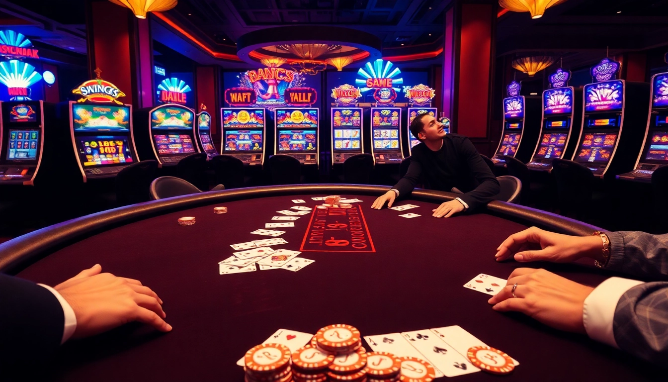 JBO online casino scene featuring players enjoying blackjack with vibrant slot machines in the background.