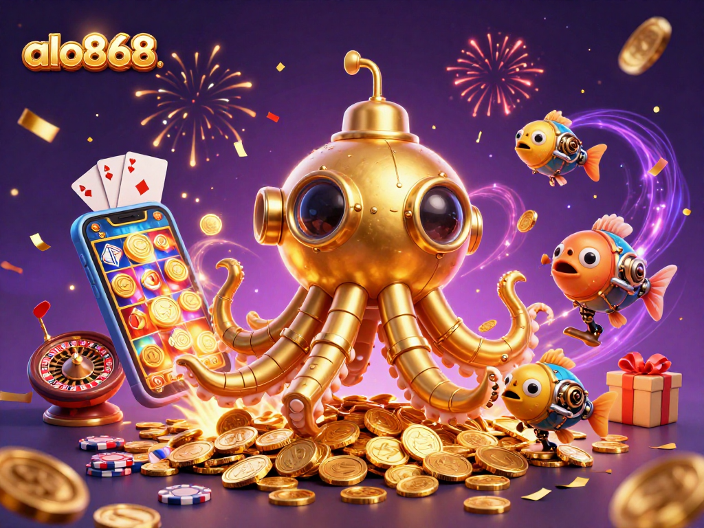 Spin the reels at alo868 with a glorious kraken submarine amid golden coins and exciting gaming elements.