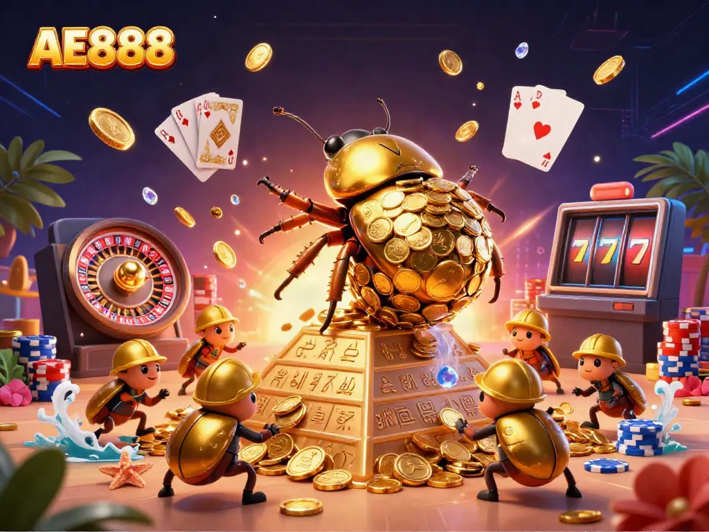 Experience the thrill of AE888 with this vibrant 3D illustration showcasing a golden beetle rolling coins amidst casino elements.