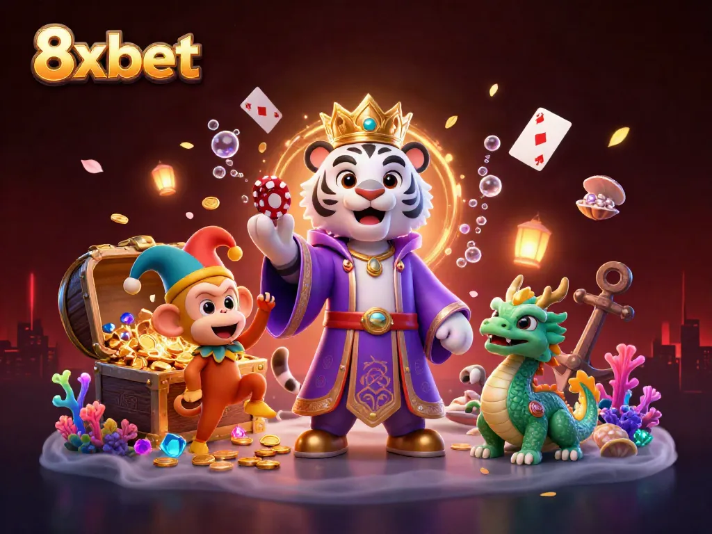 Experience the excitement of 8xbet with a playful scene featuring a royal tiger, juggling monkey, and a mystical dragon.