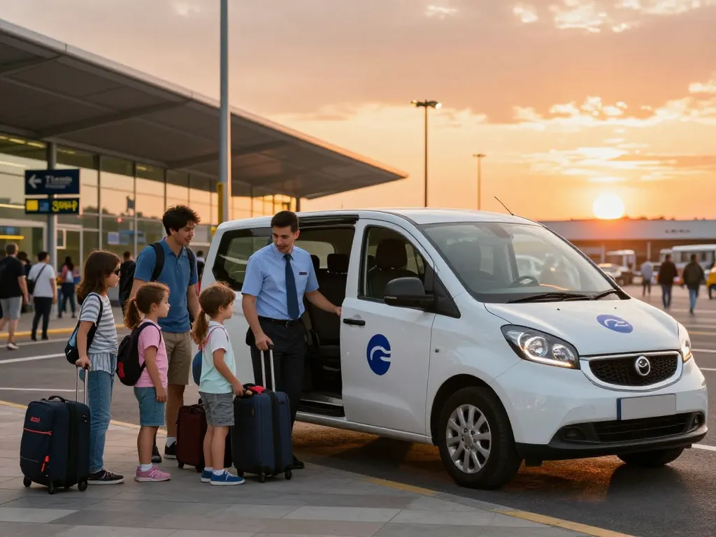 Minicab driver assisting a family with luggage at Leeds Bradford Airport during sunset, showcasing a welcoming transportation experience.