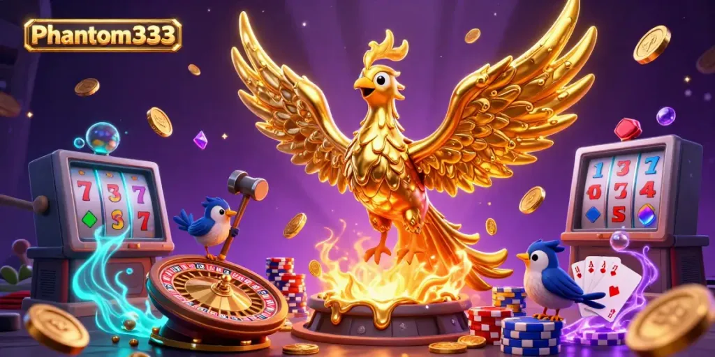 Engage with Phantom333 as the golden phoenix and sparrow assistants create wealth with coins and gems.