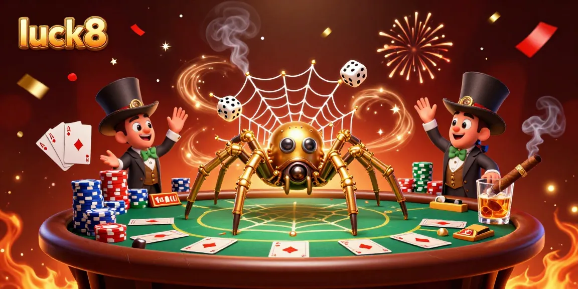 Engage in thrilling gameplay at luck8, showcasing steampunk spider and poker action amidst a vibrant casino scene.
