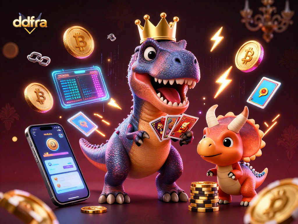 Engage with ddfra's vibrant casino world featuring a friendly T-Rex shuffling cards.