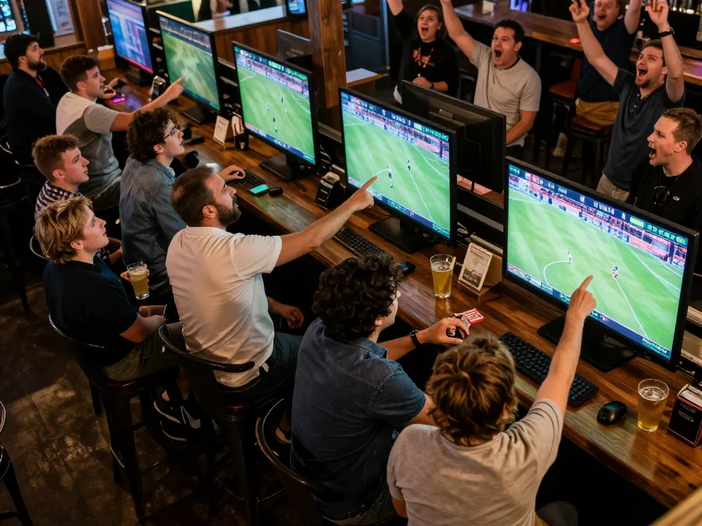 Fans passionately engaging in live sports betting at a bar while cheering for their favorite teams, 789P enhancing the excitement.