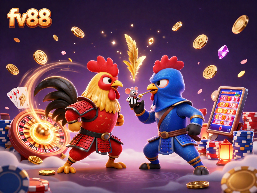 Experience intense action with fv88 as fighting roosters clash amid cascading casino treasures.