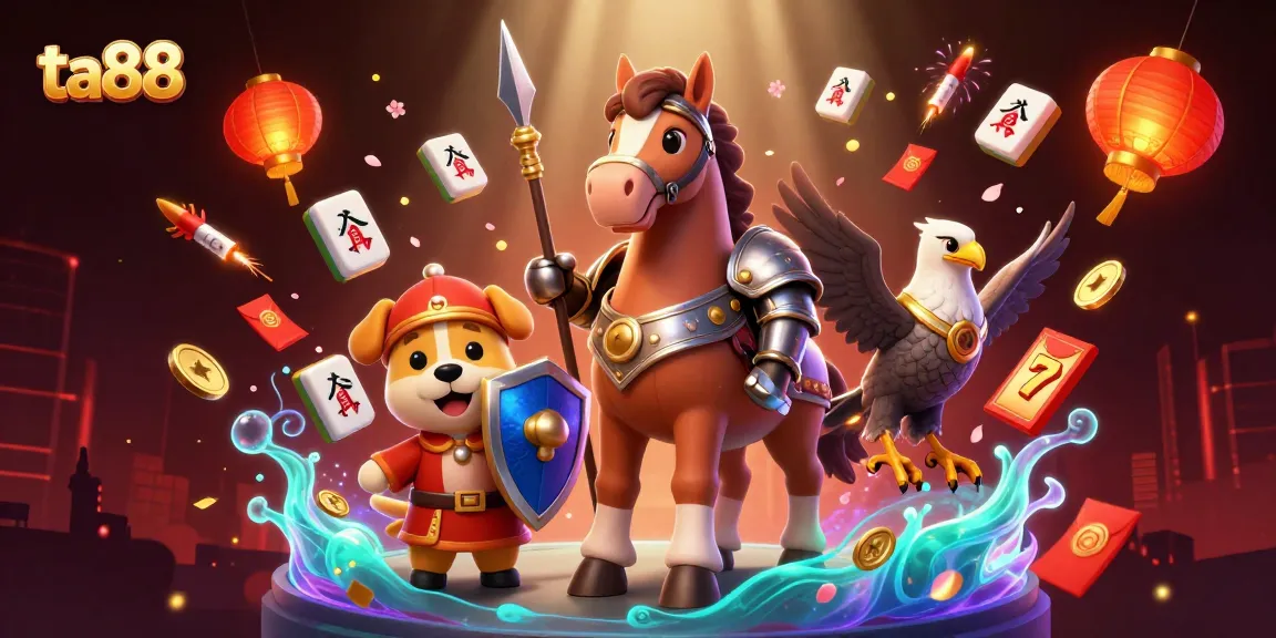 Experience the excitement of ta88 with a dynamic 3D scene featuring gaming characters and rich casino elements.