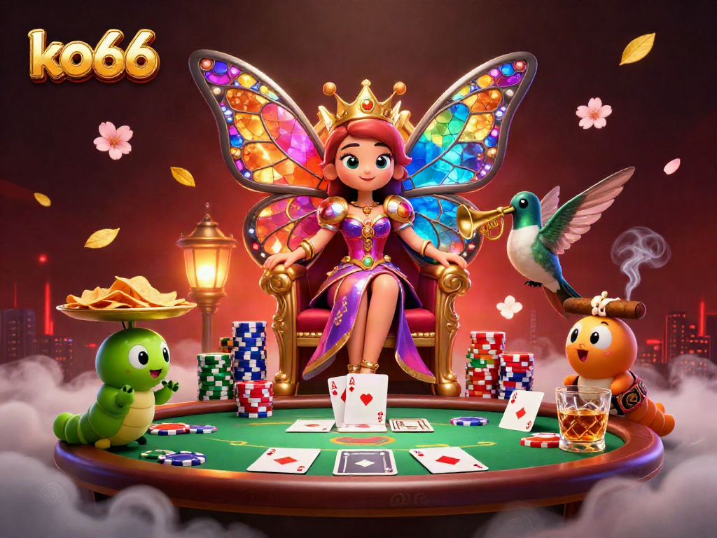 Engage in a vibrant ko66 poker scene with a colorful butterfly queen and dynamic game elements.