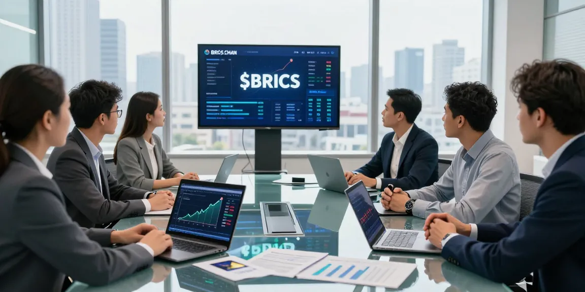 Investors discussing strategies to Buy BRICS coins in a modern conference room.