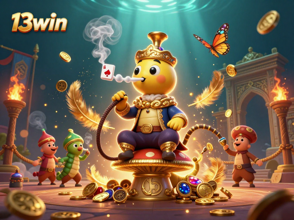 Join the 13win adventure with vibrant illustrations of a hookah-master and gaming symbols.