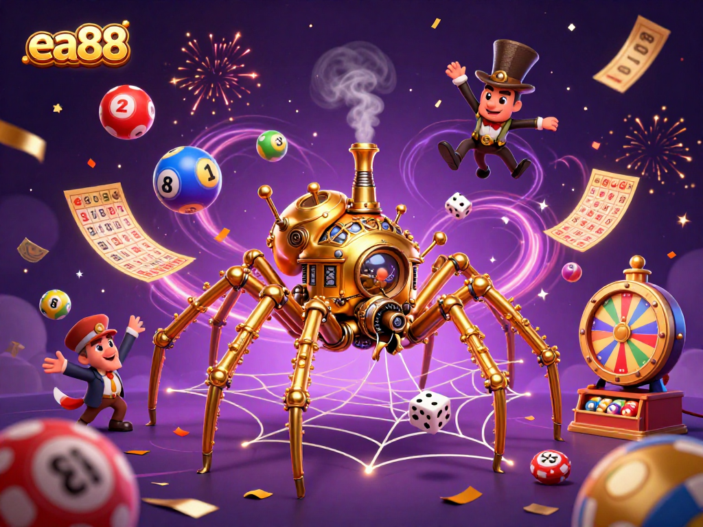 Engage with thrilling moments at ea88, where a steampunk spider captures lucky chances amidst colorful prizes.