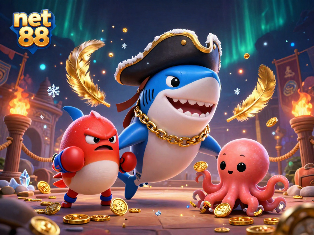 Join net 88's pirate shark and friends in a thrilling casino adventure filled with coins and excitement.