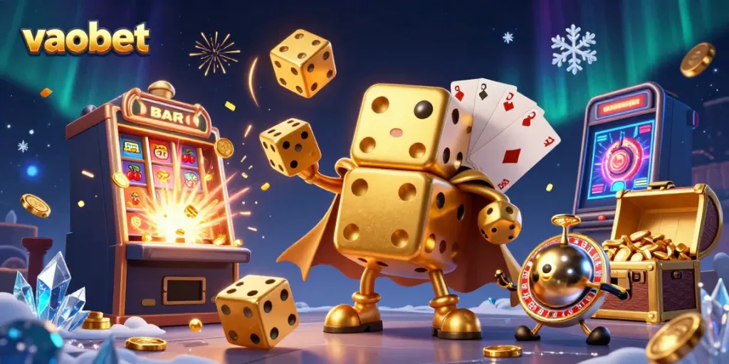 Experience thrilling moments with vaobet's captivating golden dice golem and vibrant casino elements.