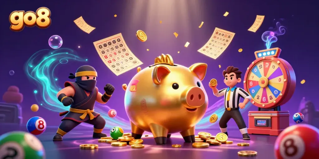 Win big with the go8 golden piggy bank sumo wrestler in an exciting gambling scene.