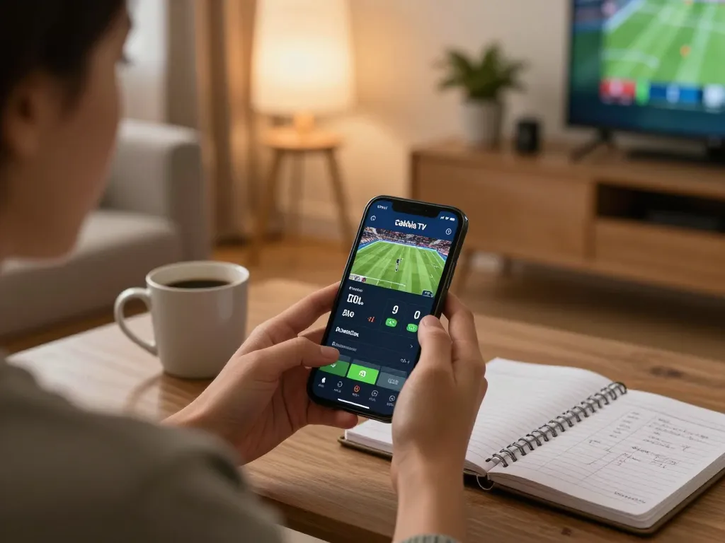Cakhia TV app showing live sports betting options in a cozy home setting, reflecting responsible gaming.