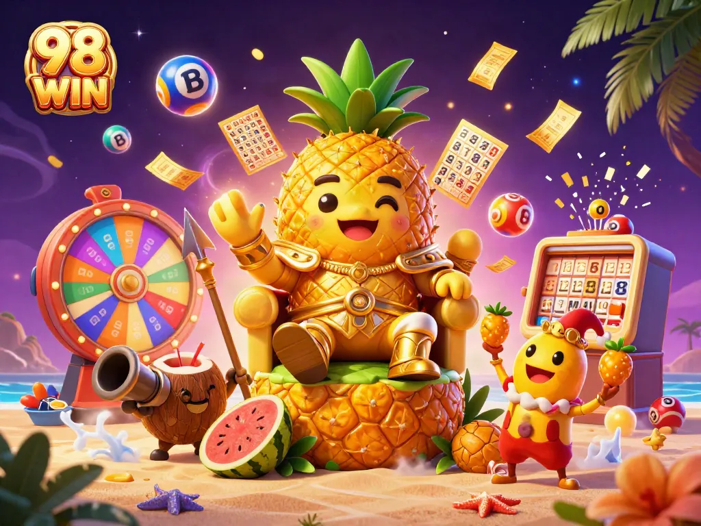 Engage in the thrilling world of 98 WIN with an exciting casino scene featuring a golden pineapple king and dynamic gambling elements.