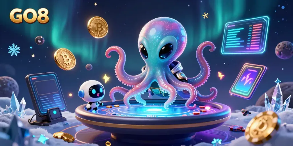 Experience thrilling gameplay with GO8's alien casino scene featuring poker action and vibrant crypto elements.