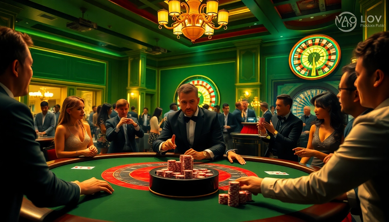Vào Lưới TV showcases a luxurious casino atmosphere with players at a poker table, enhancing the thrill of gambling.