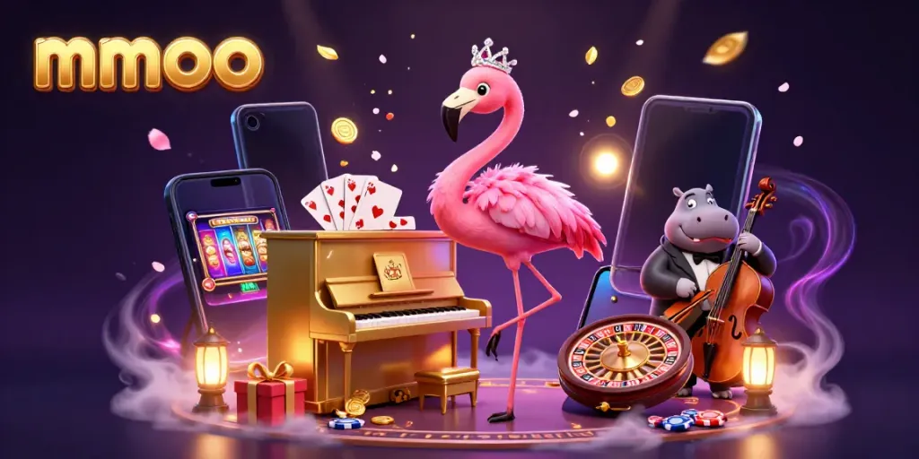 Playing vibrant slots and enjoying casino fun at mmoo with flamingo and hippo musicians.