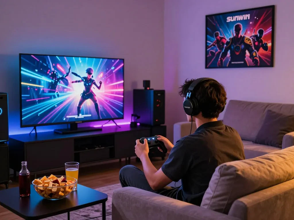 Tải Sunwin on a large screen, gamer enjoying a dynamic gaming experience in a modern living room.