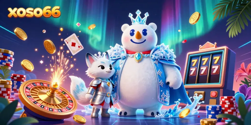 Experience xoso66's thrilling gaming action with a dynamic scene of the ice king polar bear and fox surrounded by vibrant casino elements.
