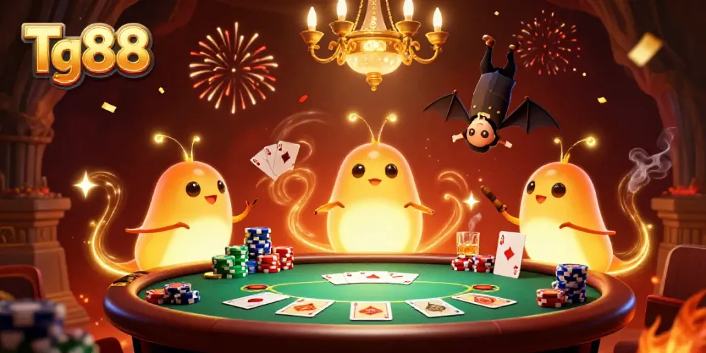 Tg88 illuminates a vibrant cave casino with glowworms showcasing poker games and dynamic lighting effects.