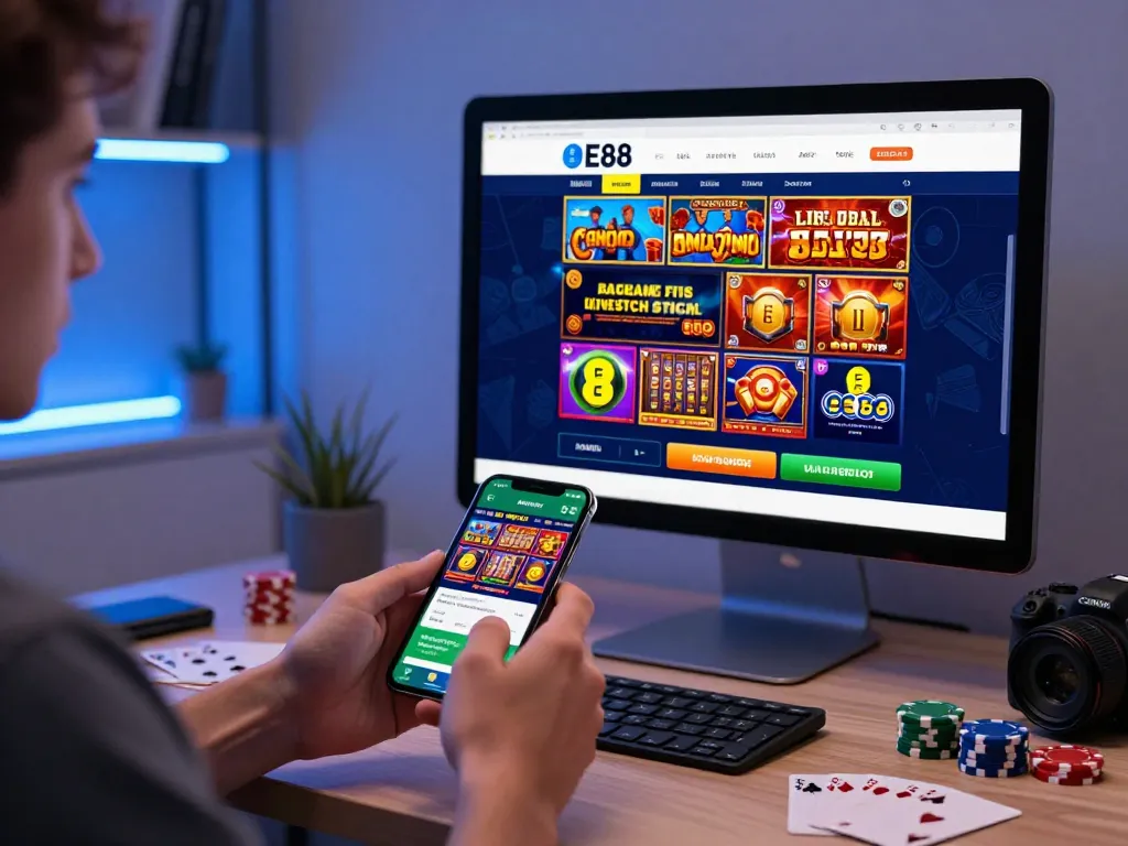 Player enjoying the EE88 app on a smartphone in a modern gaming setup, featuring vibrant UI and diverse game options.