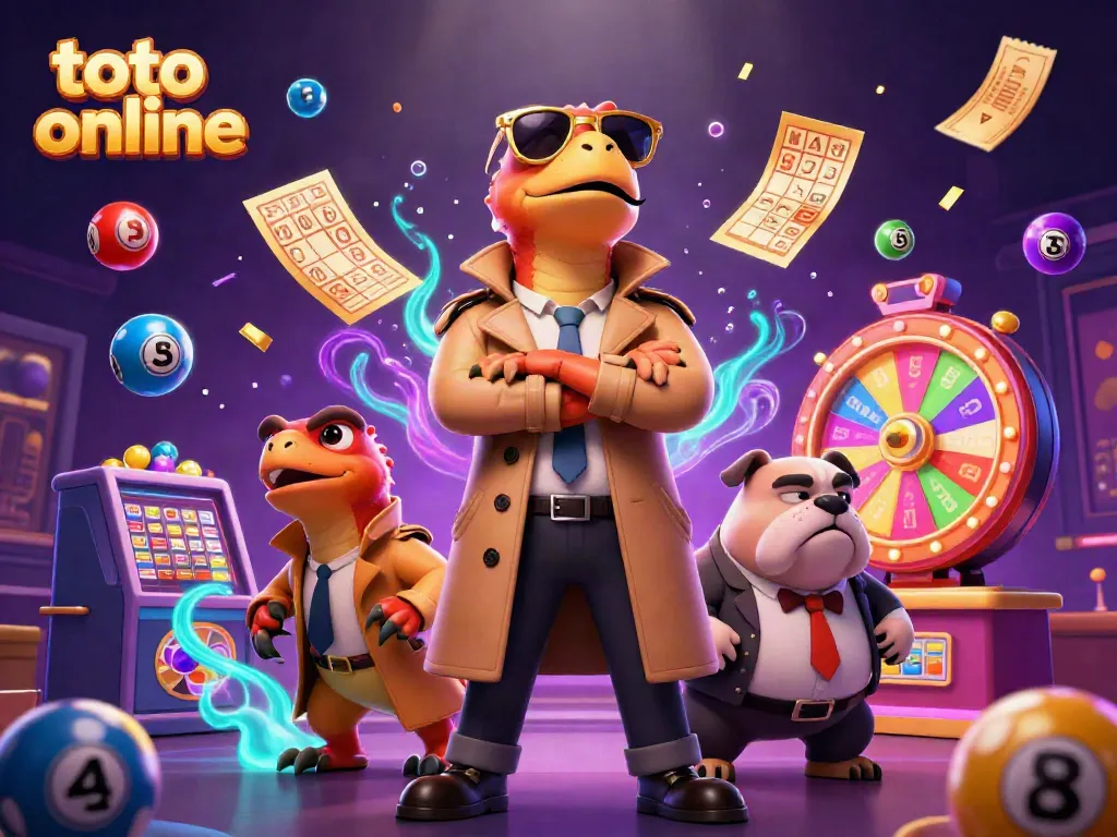 Engaging scene showcasing raptors in a trench coat attempting to enter a VIP casino while colorful lottery elements highlight toto online excitement.